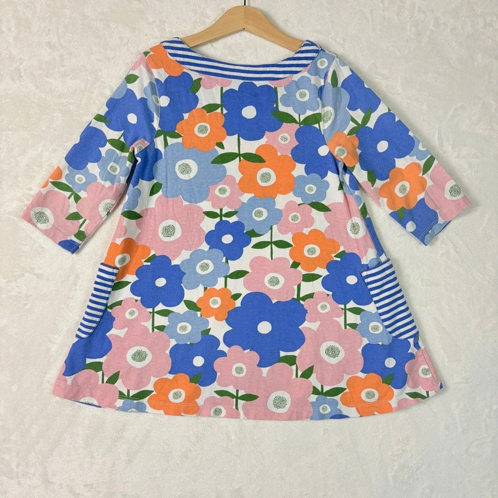 Mini Boden Floral Dress Kids 7-8Y Blue Pink Excellent Long Sleeve Striped Pocket